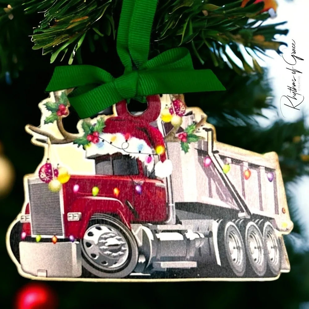 New Handmade Sublimation Christmas Dump Truck Ornament, Personalized & Unique